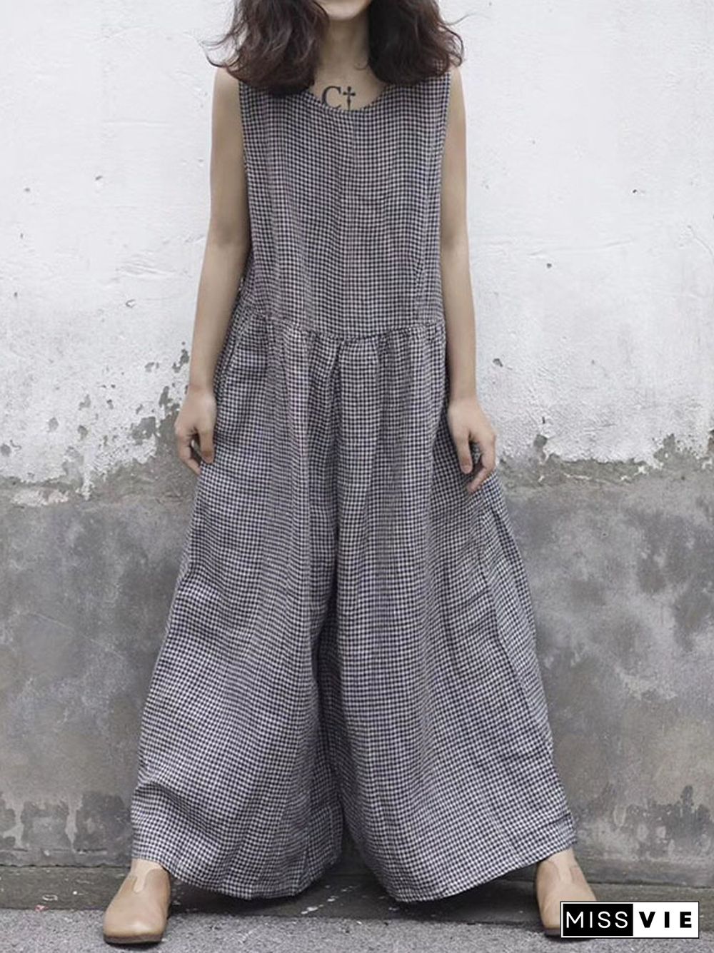 Plaid Wide Leg Sleeveless Baggy Black Overalls Jumpsuit