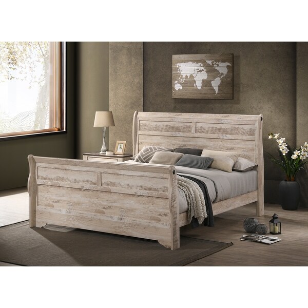 Roundhill Furniture Imerland Contemporary White Wash Finish Bedroom Set with Sleigh Bed， Dresser， Mirror， Nightstand - - 32524445