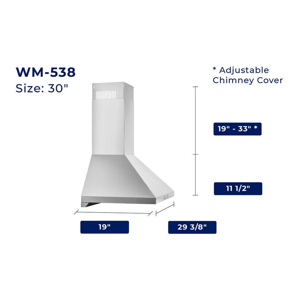 HAUSLANE 30 in Convertible Wall Mount Range Hood with Changeable LED Touch Control Baffle Filters in Stainless Steel