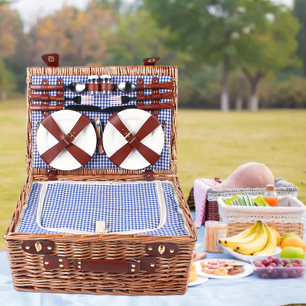 Miumaeov Wicker Picnic Basket Sets for 4 Persons with Insulation Layer Portable Brown