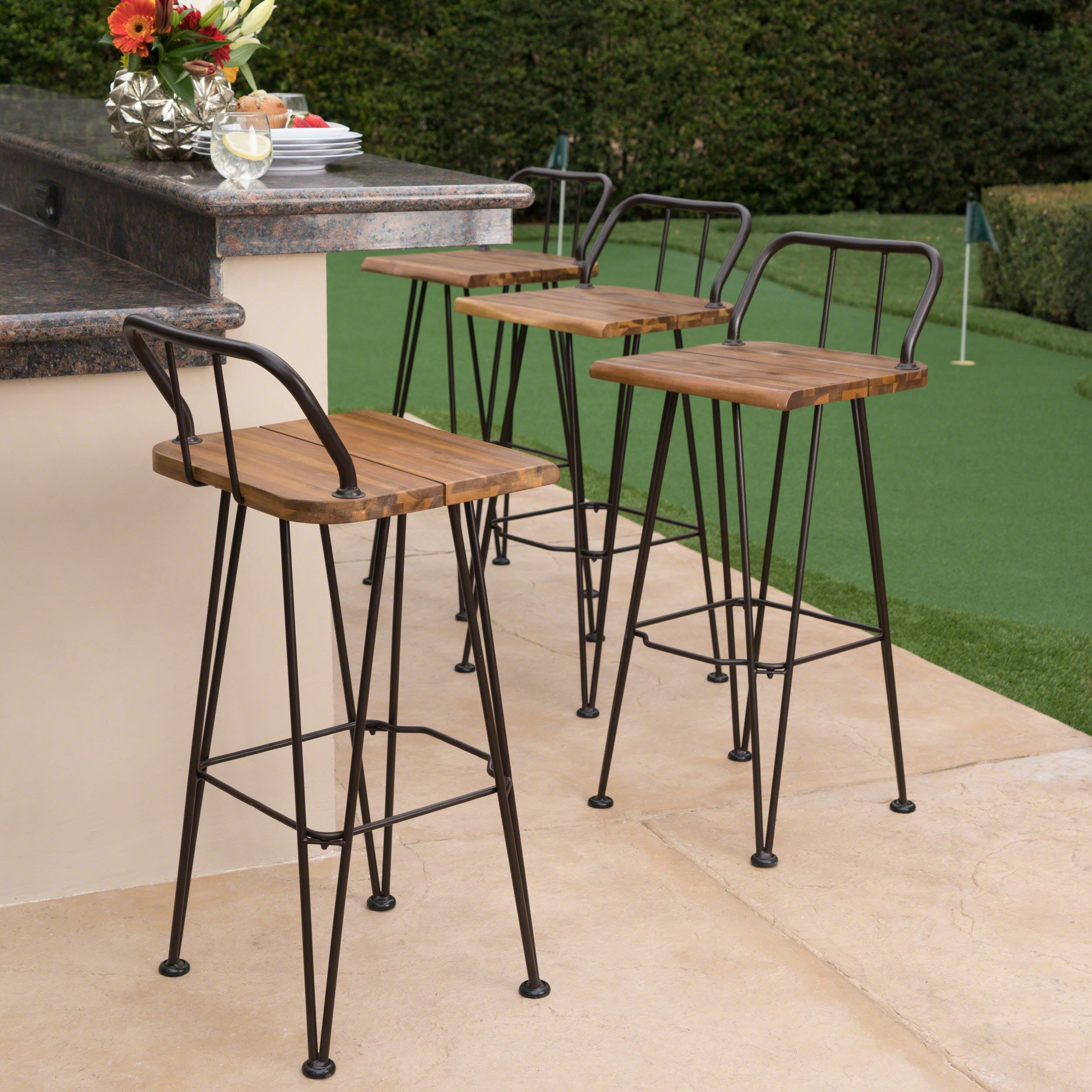 Leonardo Outdoor Industrial Teak Finished Acacia Wood Barstools with Iron Frame