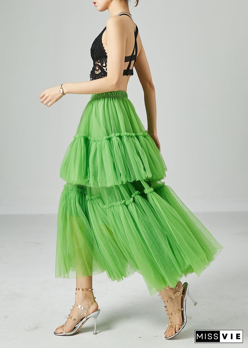 Boho Green Elastic Waist Patchwork Wrinkled Tulle Skirts Summer