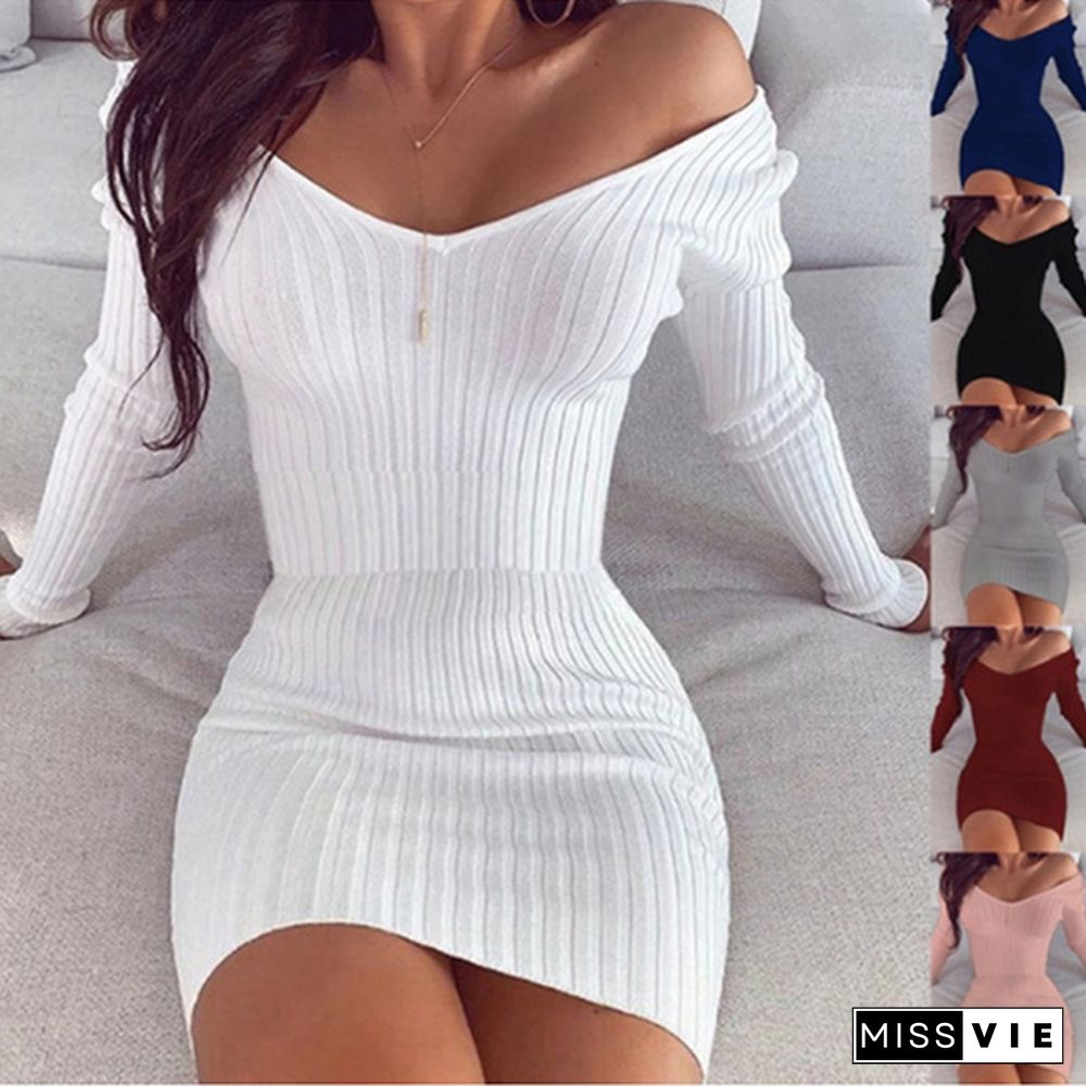 Fashion Women V-neck Bodycon Sexy Knitted Dresses Petal Cuff Pullover Mini solid Dress for Woman