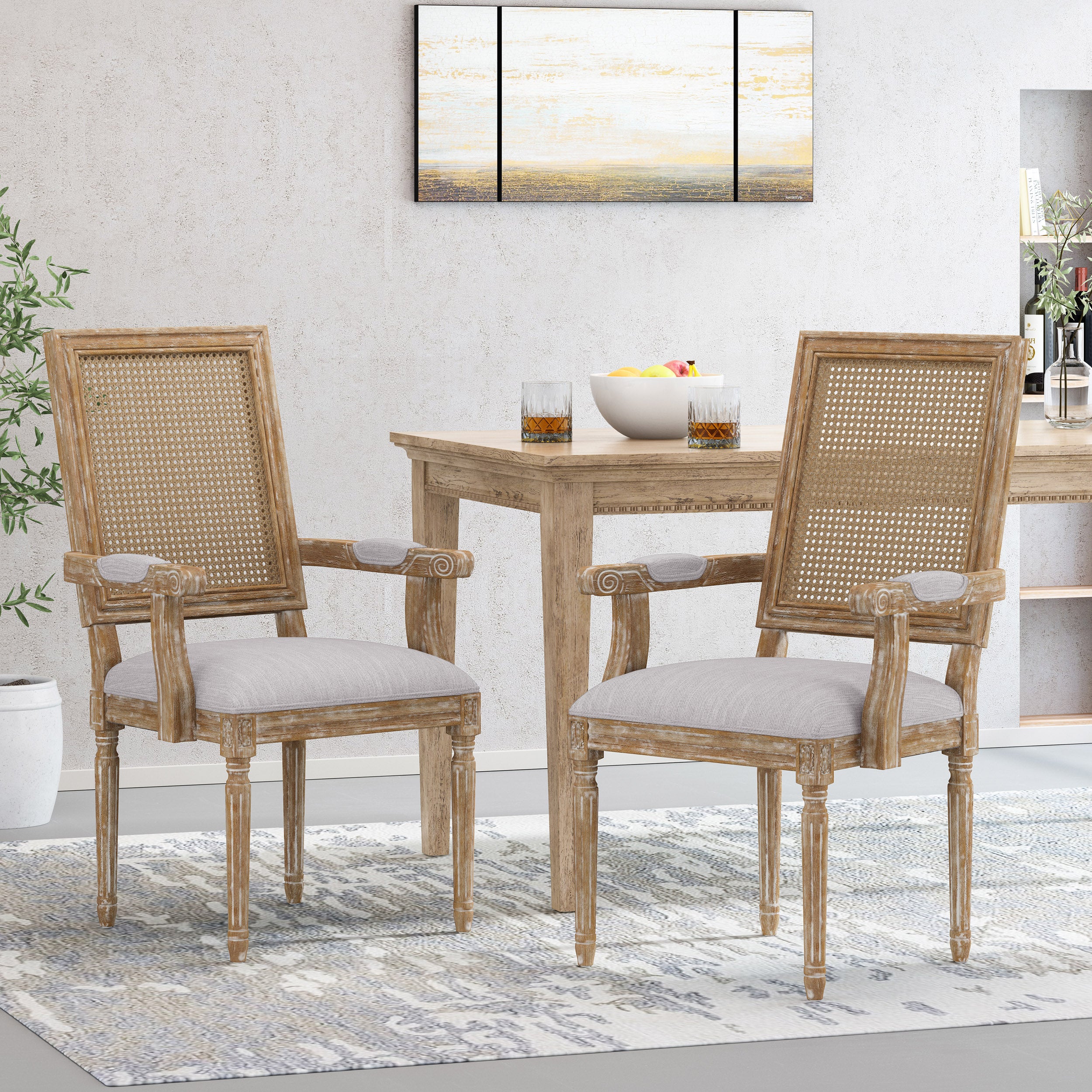 Zentner French Country Upholstered Wood and Cane Upholstered Dining Chairs, Set of 2