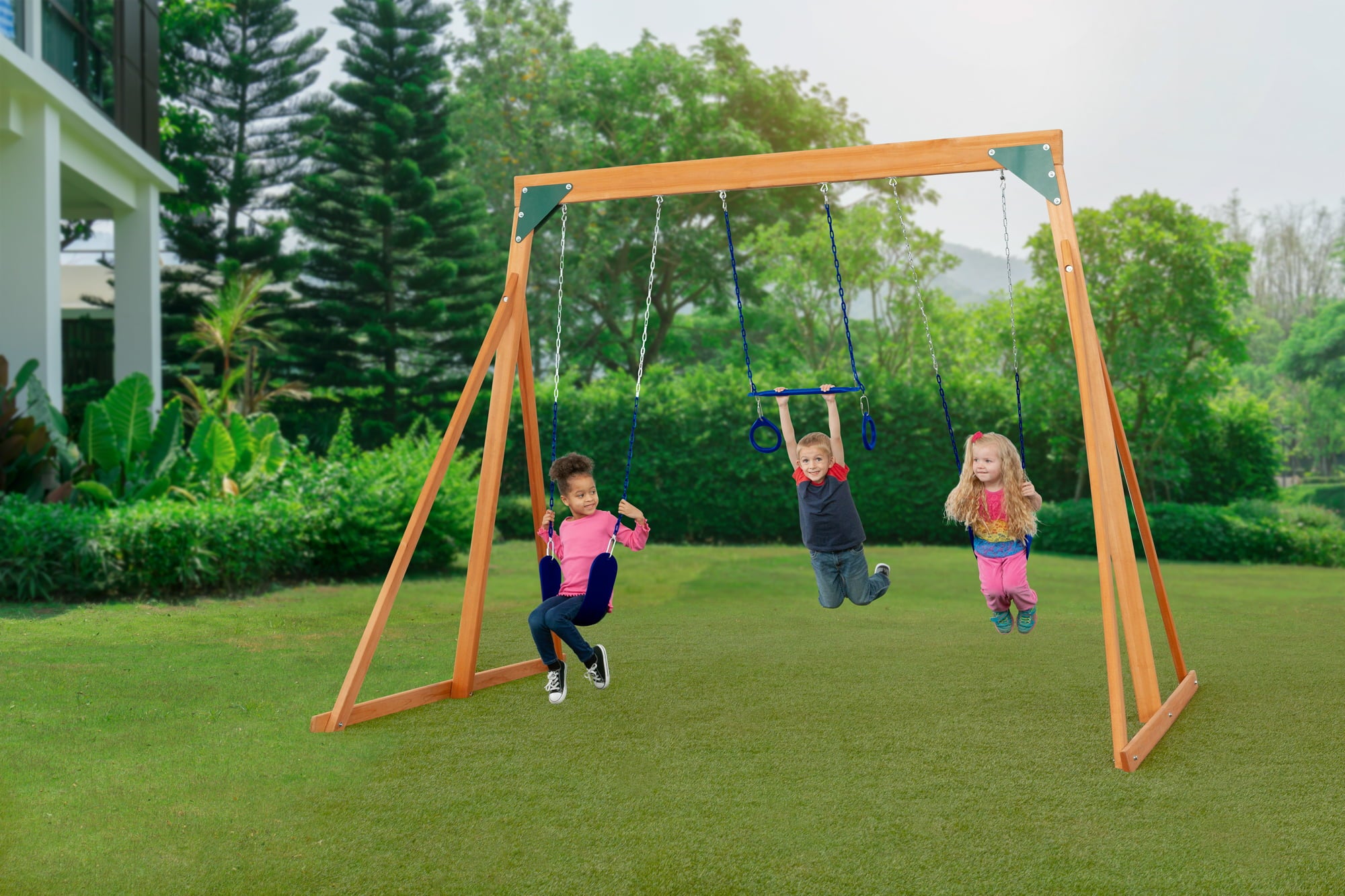 Trailside Cedar Swingset with Belt Swings and Trapeze Bar， All Wood， Hardware， and Assembly Instructions Included