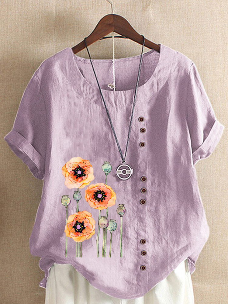 Round Neck Casual Loose Floral Print Short Sleeve Blouse