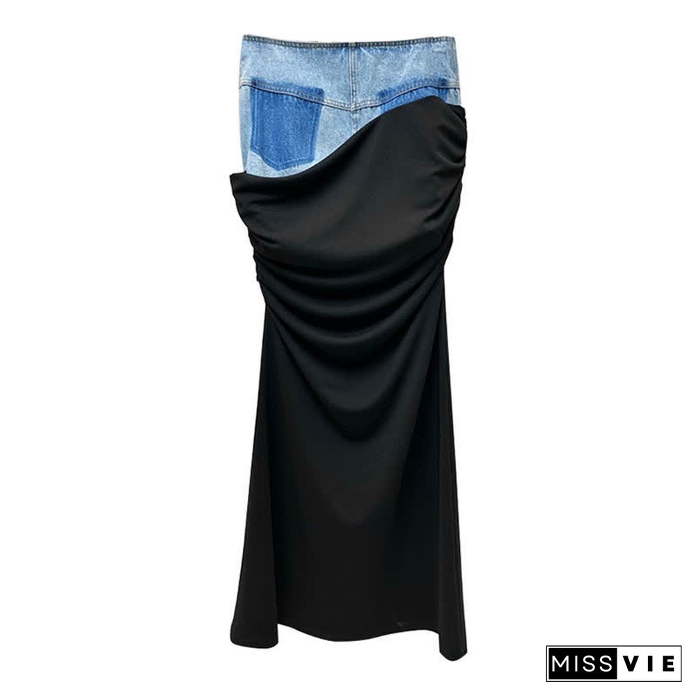 Chic High Waist Ruffled Patchwork Denim Skirt