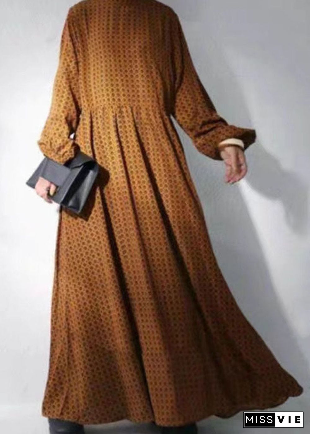 Brown Dot Print Chiffon Maxi Dresses Stand Collar Wrinkled Long Sleeve