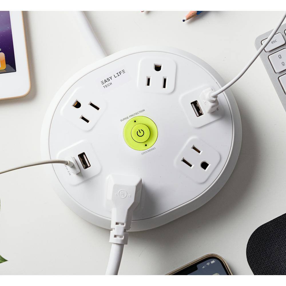 EasyLife Tech 6 ft. 4-Outlet 4-USB Round Hub Surge Protector - White 0-2514