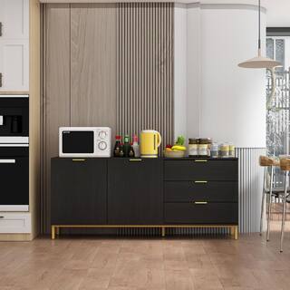 FUFUGAGA 62.9 in. W Black Paint Sideboard Kitchen Buffet Cupboard with Drawers and Shelves Metal Legs KF200156-01-cc