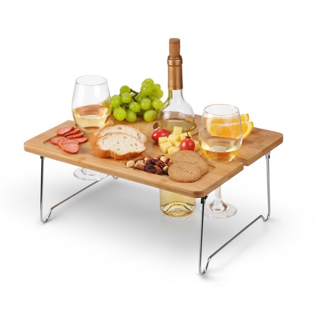 Tirrinia Bamboo Wine Picnic Table Ideal Wine Lover Gift Folding Portable Outdoor Wine Glasses amp Bottle Snack And Cheese Holder Tray