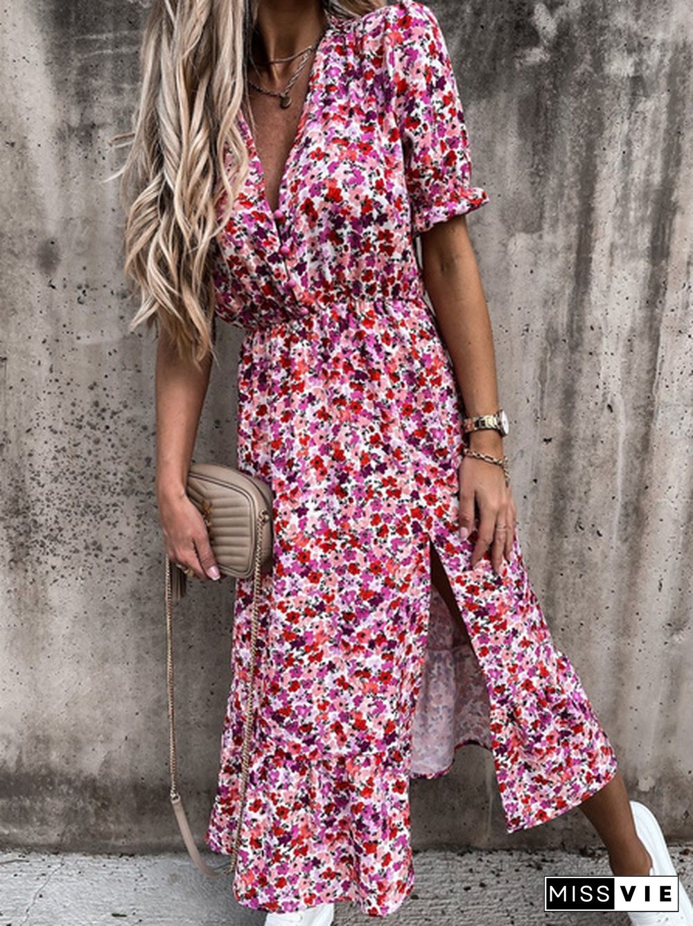 Women Summer Fashion V Neck Short Sleeve Print Long Dress Beach Boho Dress Split Ladies Dress