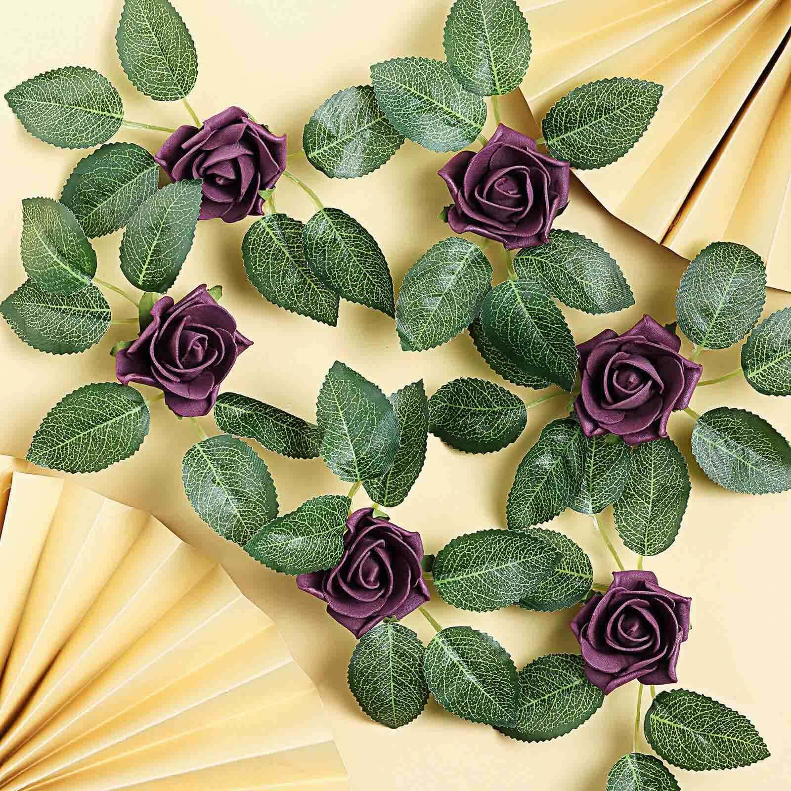 24 Roses Eggplant Artificial Foam Flowers With Stem Wire and Leaves 2