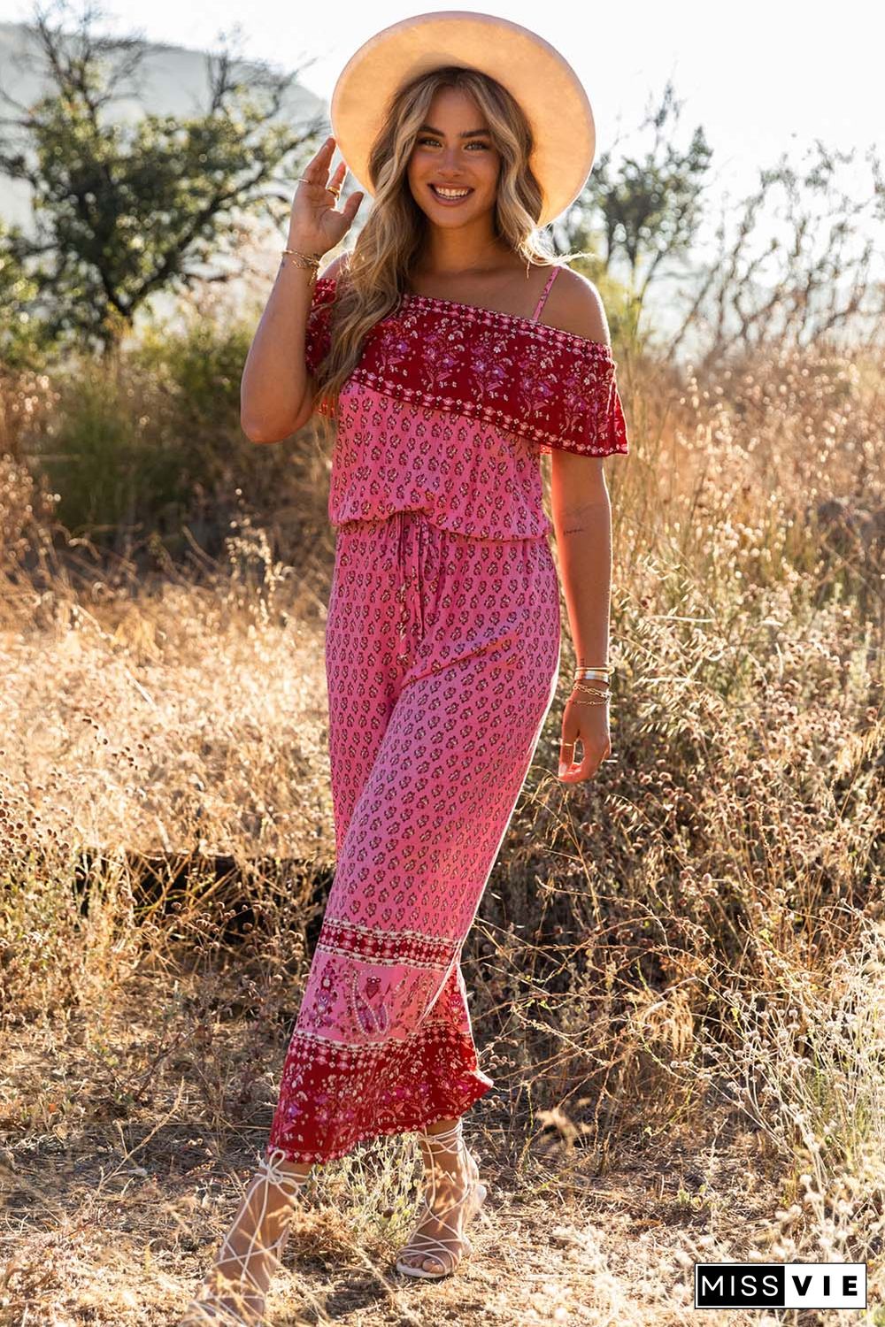 Red Pattern Print Spaghetti Strap Ruffled Wide Leg Jumpsuit