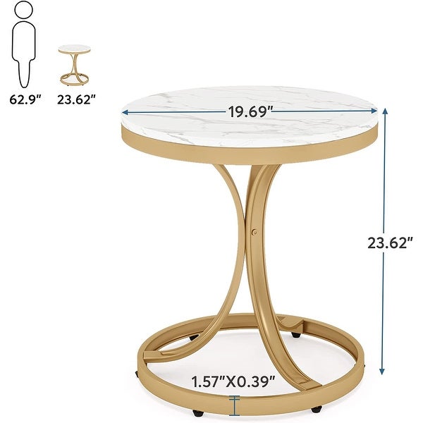 White/ Gold Modern Round End Side accent Table with Faux Marble Top， C Shaped Gold Legs Entryway Tables