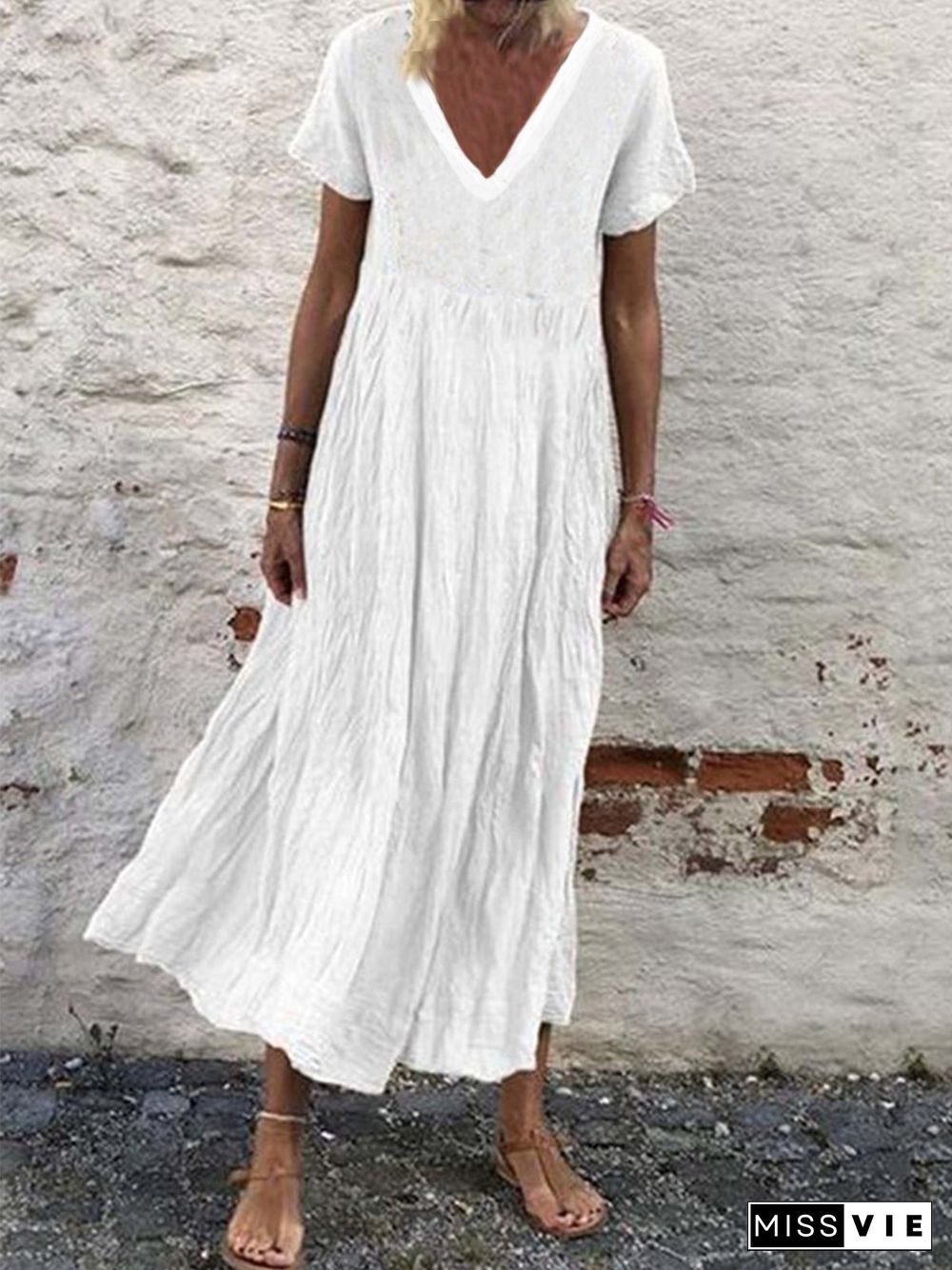 Woman Short Sleeve Cotton-Blend V Neck Plain Casual Weaving Dress