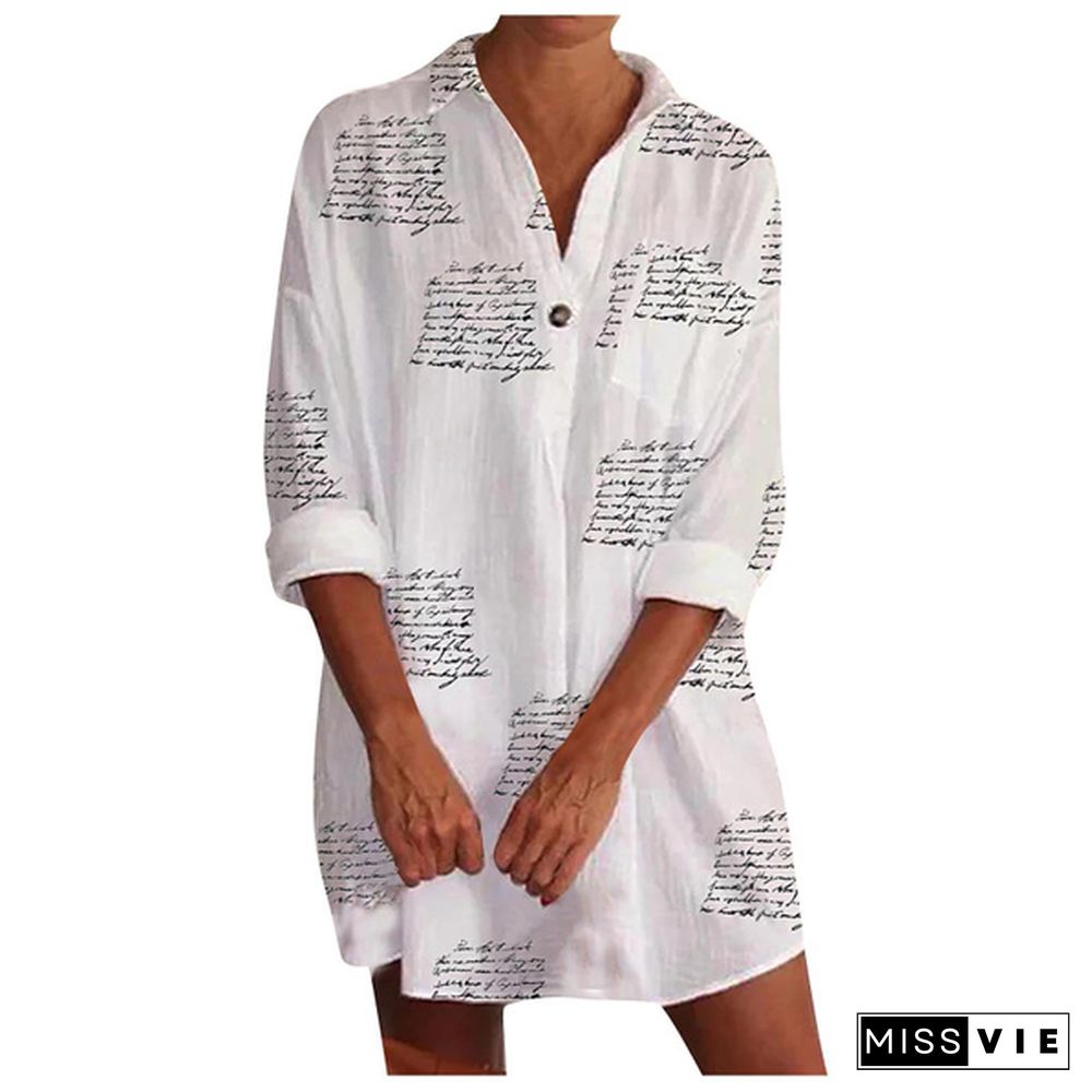 Spring and Autumn Women's Long Shirt Dress Long Sleeve Lapel Slim Casual Long Skirt XL Long Shirt Letter Print Shirt