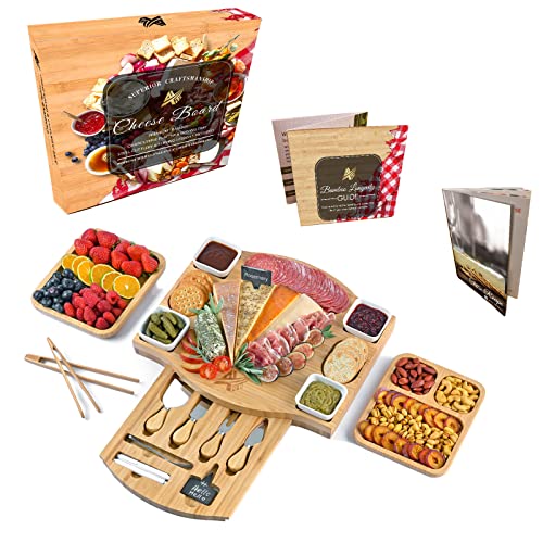 AYTITI Bamboo Cheese Board Charcuterie Platter and Serving Tray Including Free Rectangle Fruit Tray and Tong Thick Wooden Server Perfect Choice for Gourmets Set Large Boards Gifts New Home