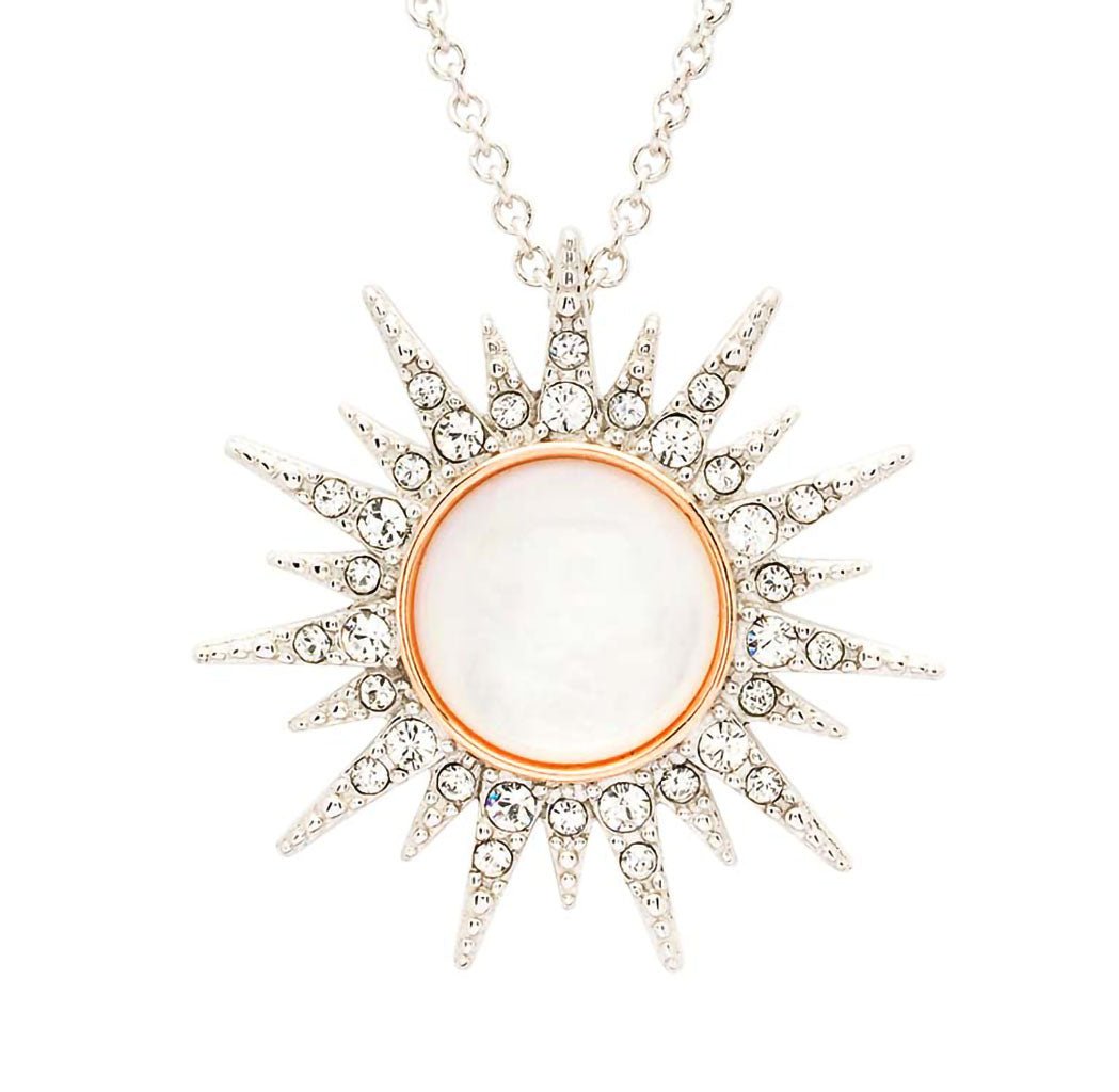 Ocean  Sterling Silver Mother of Pearl Sun Pendant with White Crystals and Rose Gold