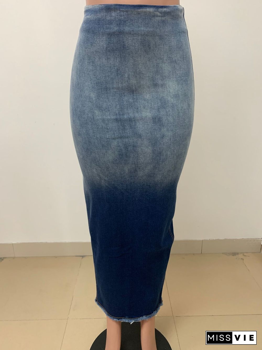 Gradient Print High Waist Slit Denim Skirt