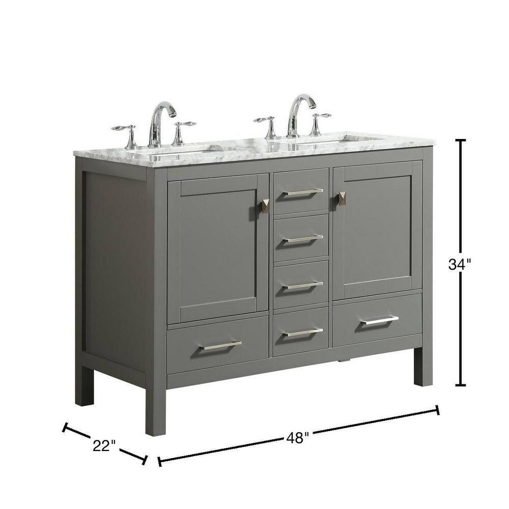 Eviva Aberdeen 48 in. W x 22 in. D x 34 in. H Double Bath Vanity in Gray with White Carrara Marble Top with White Sinks EVVN412-48GR-DS