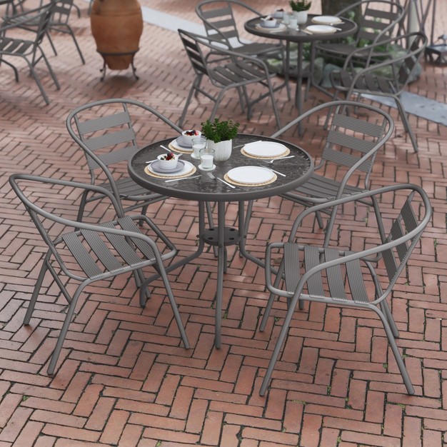 Flash Furniture Lila 31 5 x27 x27 Round Glass Metal Table With 4 Metal Aluminum Slat Stack Chairs