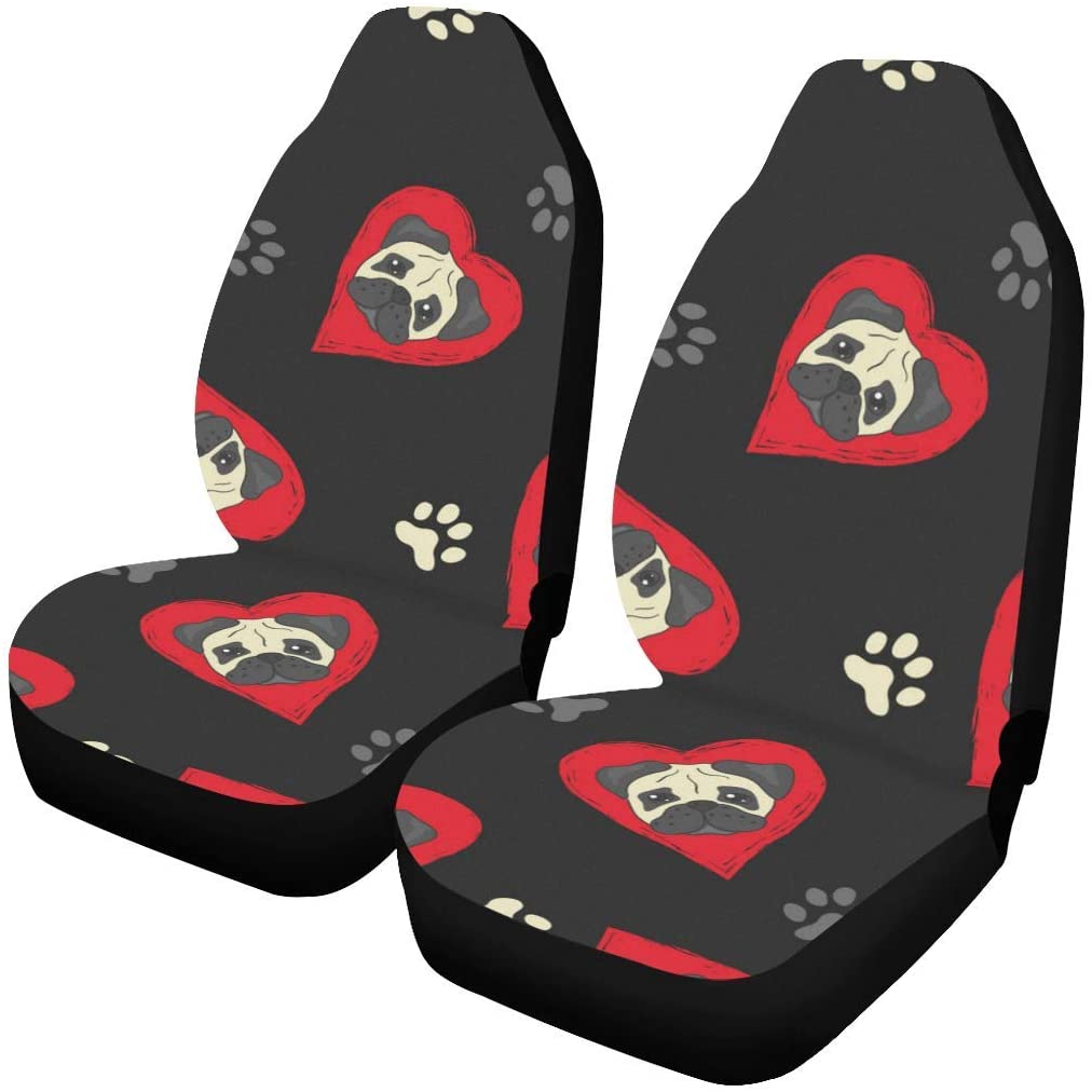 ZHANZZK Set of 2 Car Seat Covers Cute Pugs Dogs Red Hearts-Black Universal Auto Front Seats Protector Fits for Car，SUV Sedan，Truck