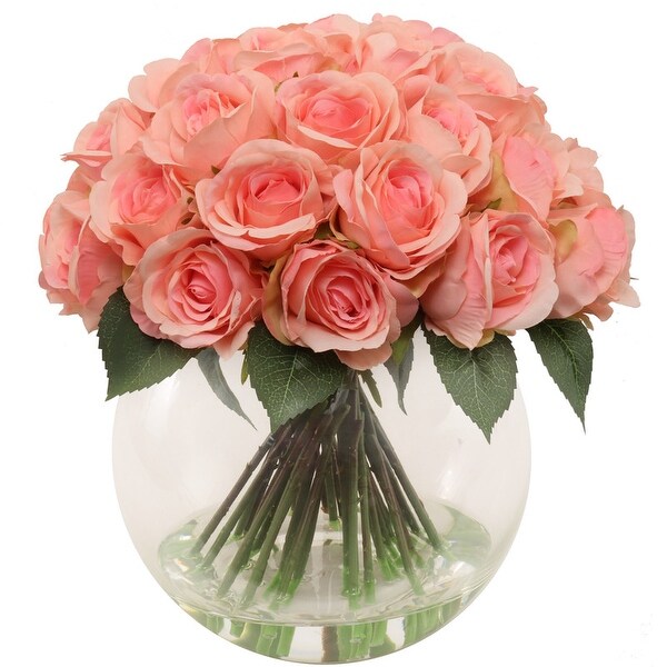 Pink Rose Arrangement in Faux Water Look Glass Vase by Floral Home