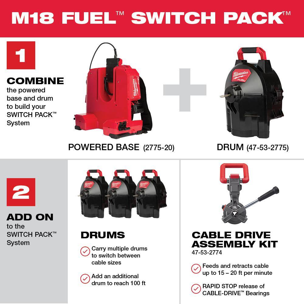 MW M18 FUEL Cordless Drain Cleaning 12 in. Switch Pack Sectional Drum System Kit W Bonus 12 in. x 50 ft. Cable  Drum 2775C-222-47-53-2775-48-53-2774