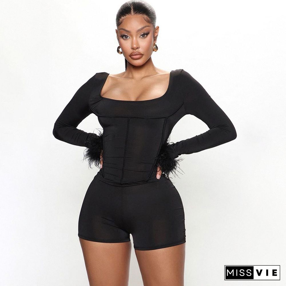 Feather Long Sleeve Ladies High Waist Rompers