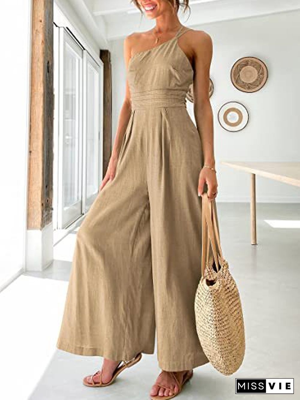 One Shoulder Wide Leg Solid Color Jumpsuit