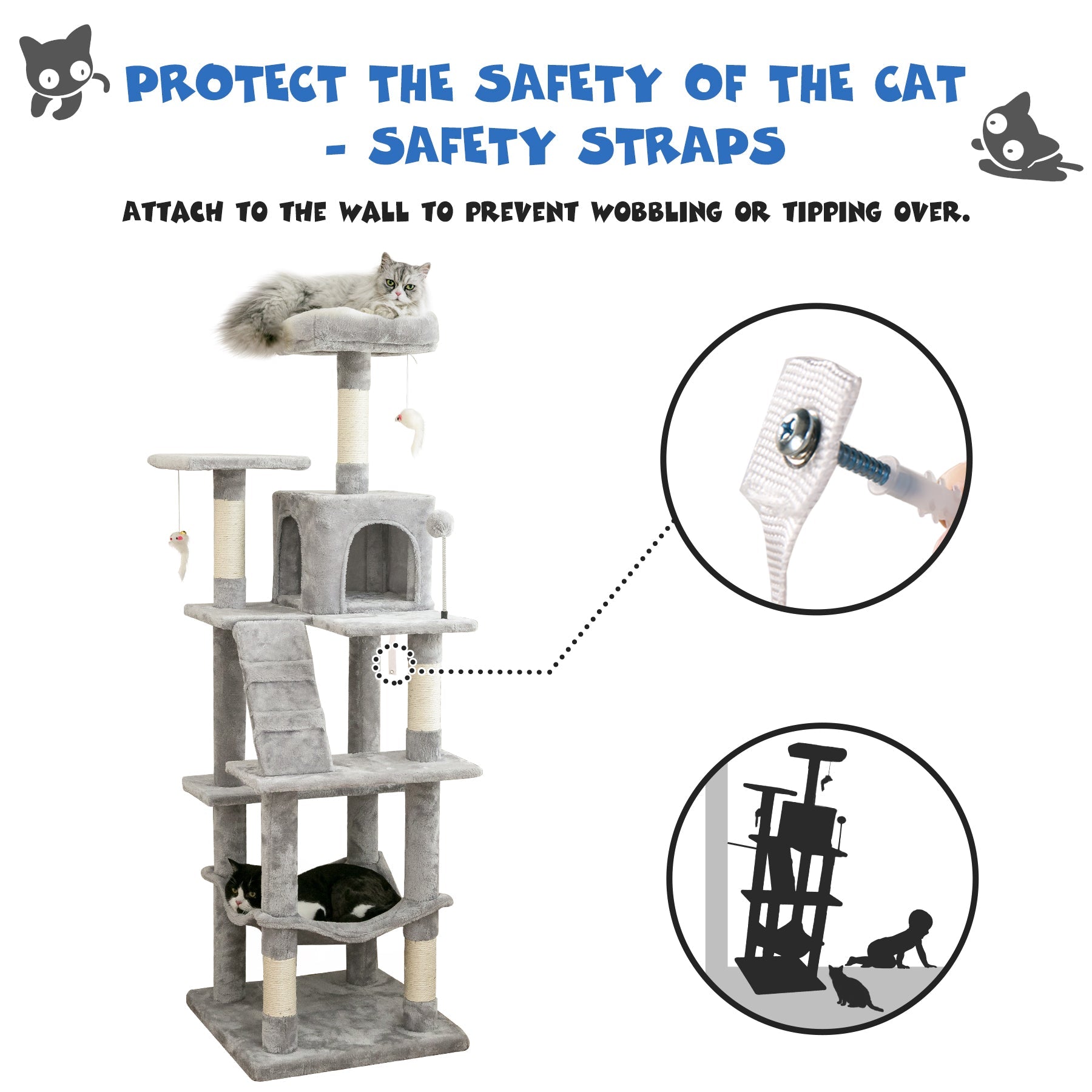 MWPO 63.8-in Multi-Level Cat Tree with Condo and Scratching Post Tower,Light Gray