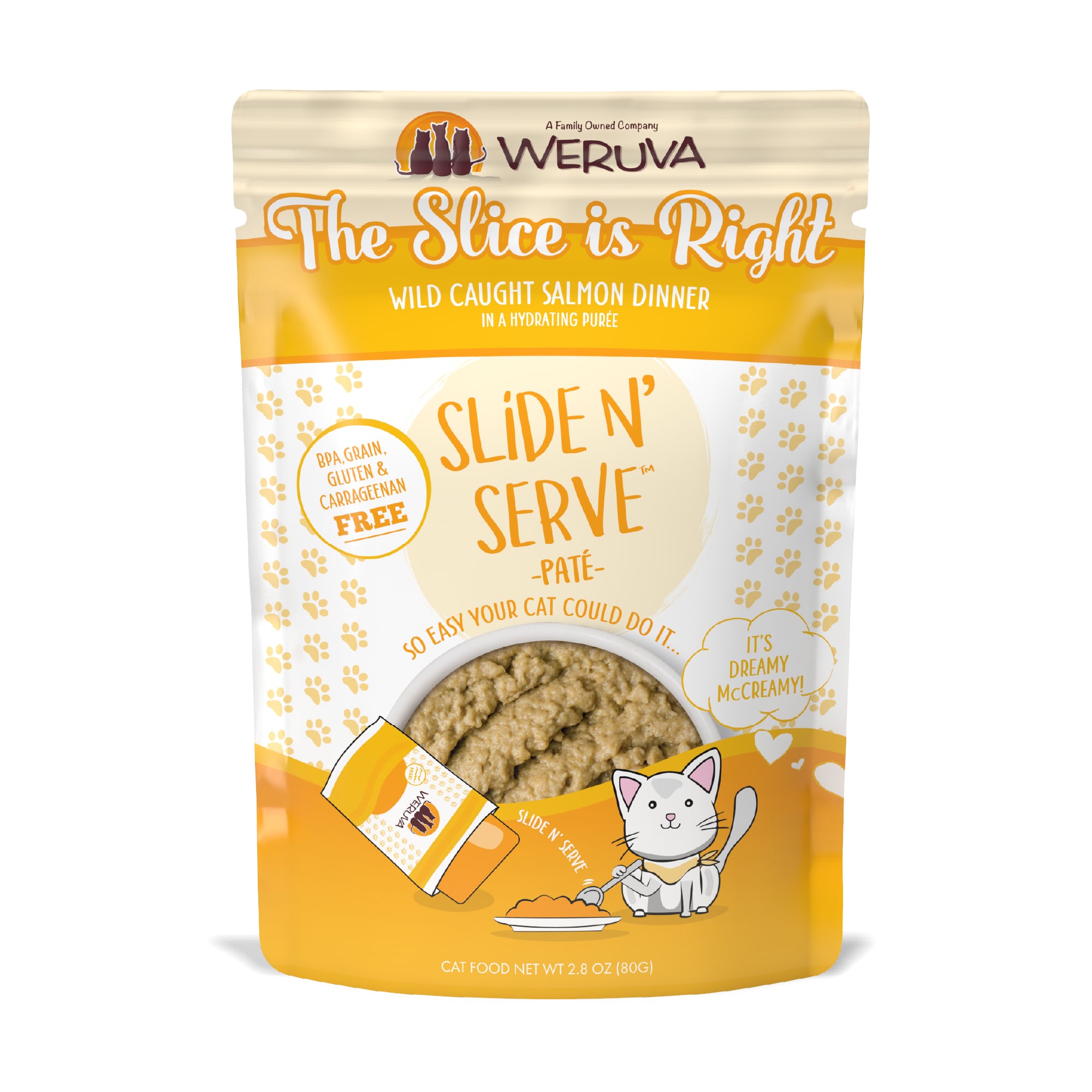 Weruva Pate The Slice is Right Wild Caught Salmon Dinner in a Hydrating Puree Wet Cat Food， 2.8 oz.， Case of 12