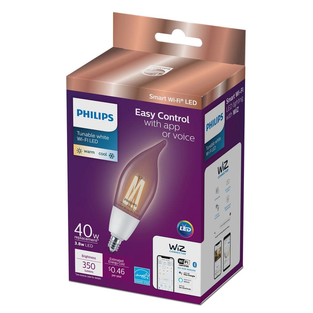 Philips 40-Watt Equivalent BA11 Smart Wi-Fi LED Tuneable White E12 Candelabra Light Bulb Powered by WiZ with Bluetooth (4-Pack) 567230