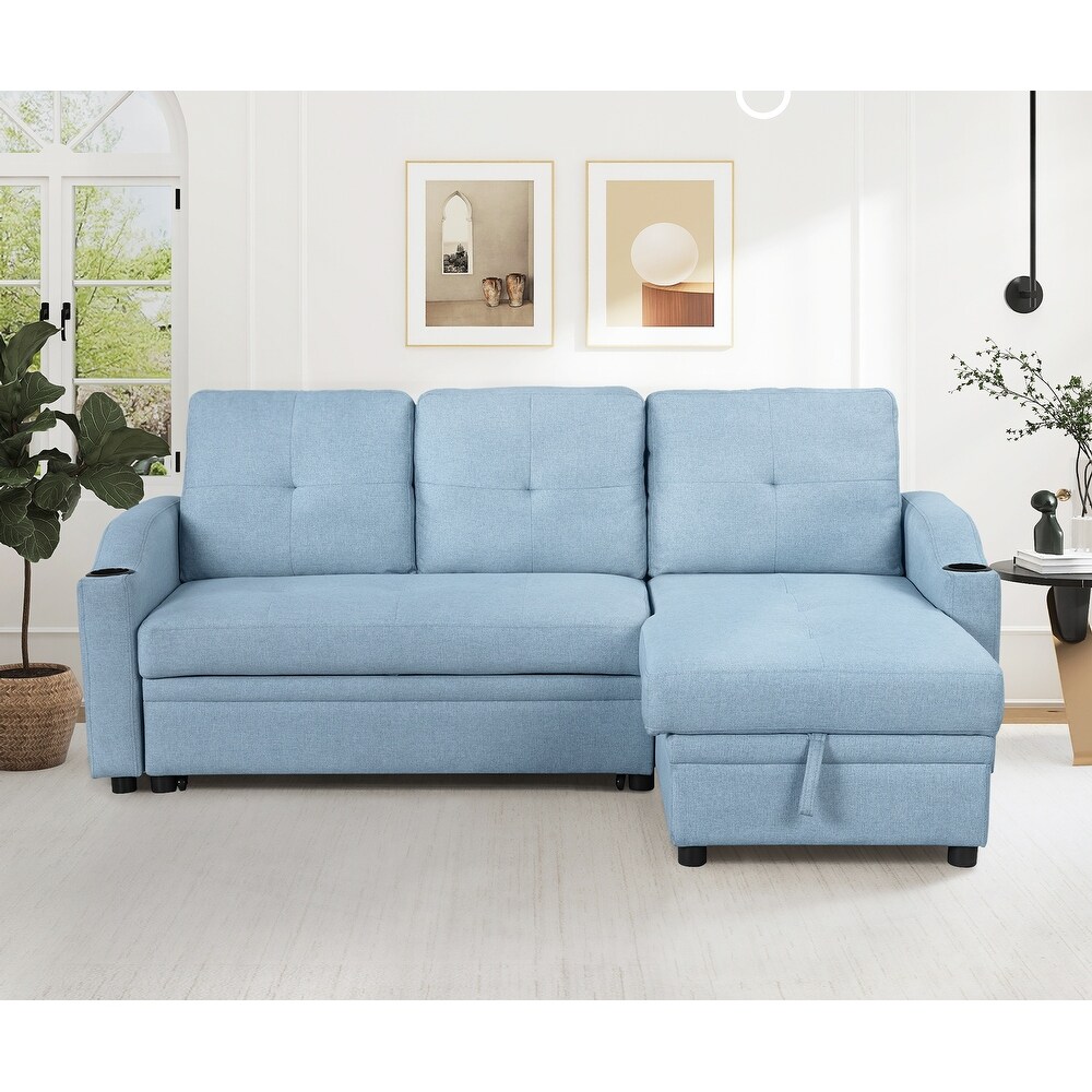 Pull Out Sofa Bed with Storage Chaise   Cup Holder