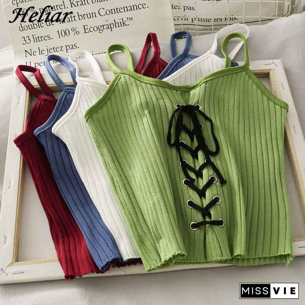 Heliar Women Crop Tops Spaghetti Straps Knitting Camisole Cute Crop Tops Drawstring Solid Sexy Y2K Crop Top For Women Summer