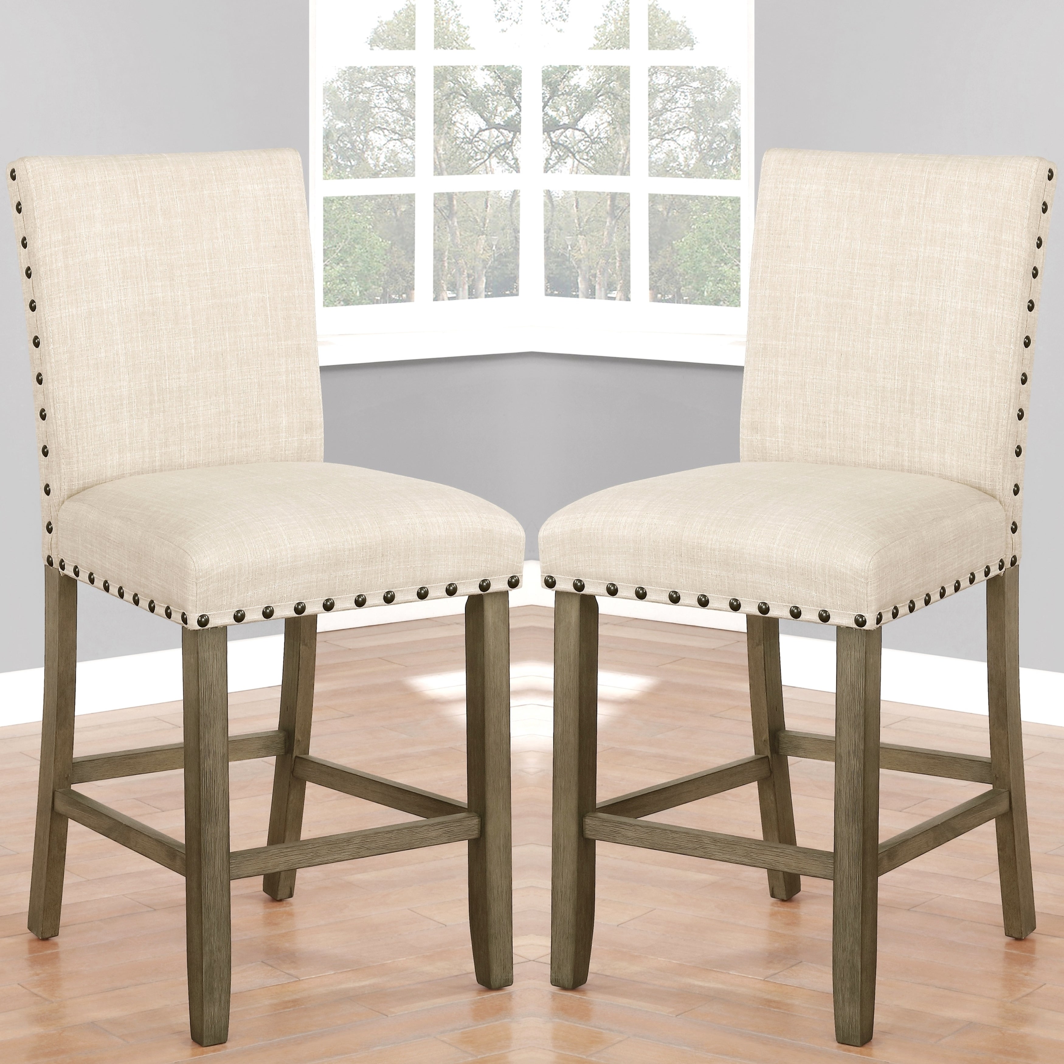 Classic Design Beige Upholsted Counter Height Dining Stools with Nailhead Trim (Set of 2)