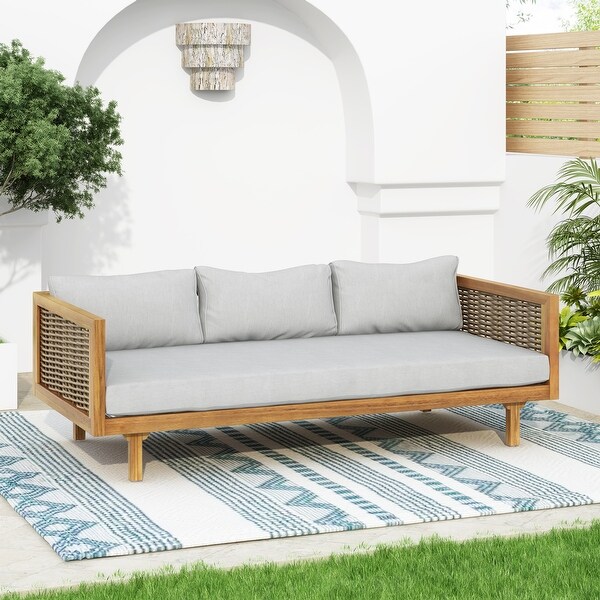 Aidan Farmhouse Outdoor 3 Seater Daybed with Fabiric Cushion by Christopher Knight Home