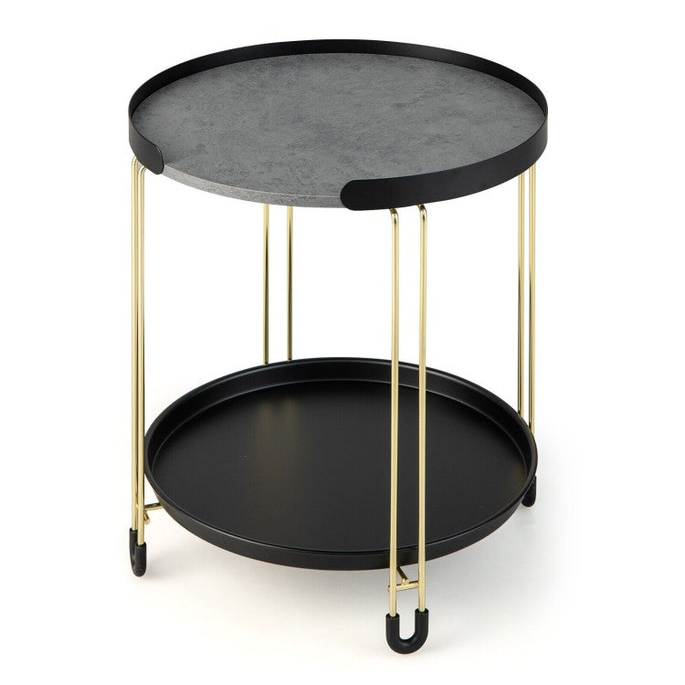 2-Tier Round Side Table with Removable Tray and Metal Frame for Small Space-Golden - 18