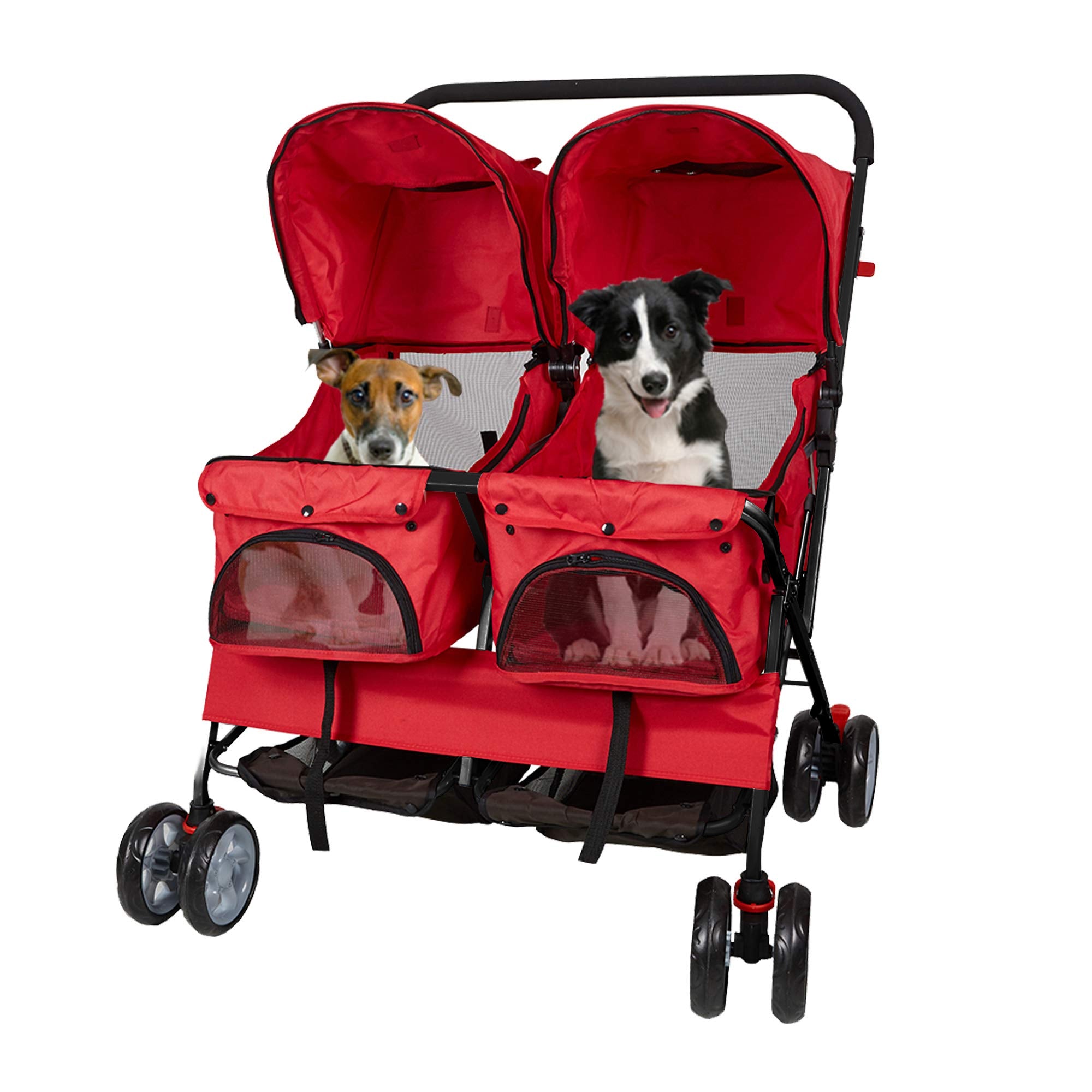 Karmas Product Pet Stroller Foldable Doggy Stroller Two-Seater Carrier Strolling Cart for Dog Cat and More Multiple， Red