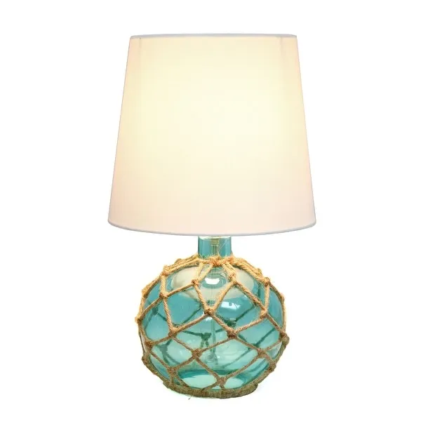 Elegant Designs Buoy Rope Nautical Netted Coastal Ocean Sea Glass Table Lamp with White Fabric Shade， Aqua - 9(L)9(W)14.75(H)