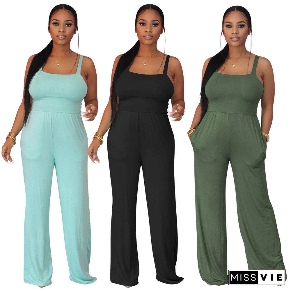 Casual Solid Color Summer Women's Sleeveless High Waist Streetwear Straight Leg jumpsuits