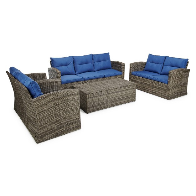 5pc Wicker Outdoor Conversation Set Weather resistant Rattan Frame Cushioned Seating Edyo Living