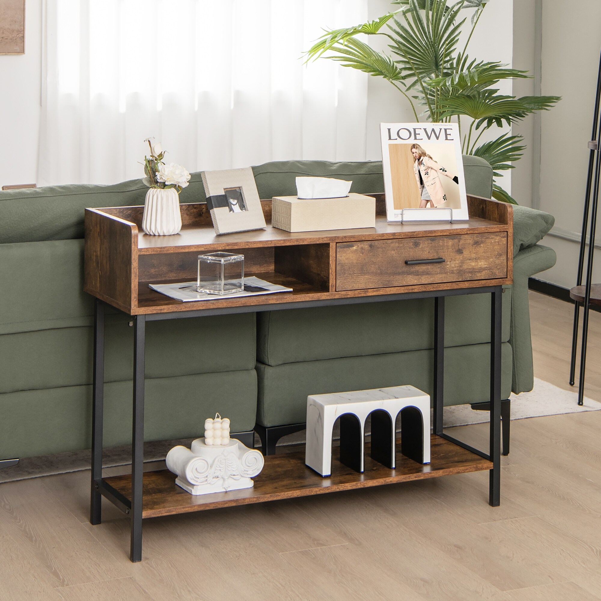 Long Console Couch Side Table with Drawer Metal Frame