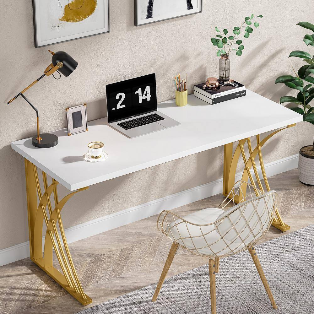 TRIBESIGNS WAY TO ORIGIN Perry 55 in. White Gold Wood Laptop PC Computer Desk Console Makeup Vanity Table Sturdy Writing Workstation HD-F1652-WZZ