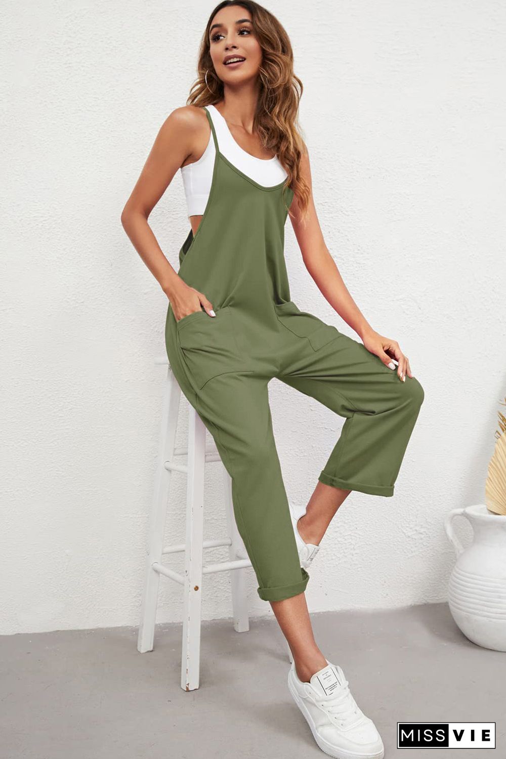 Green Pocketed Adjustable Spaghetti Strap Straight Leg Jumpsuit