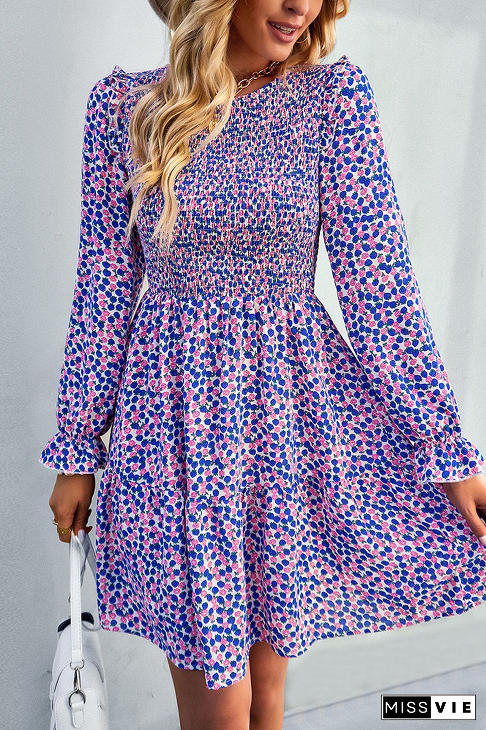 Smocked Puffy Long Sleeves Floral Dress