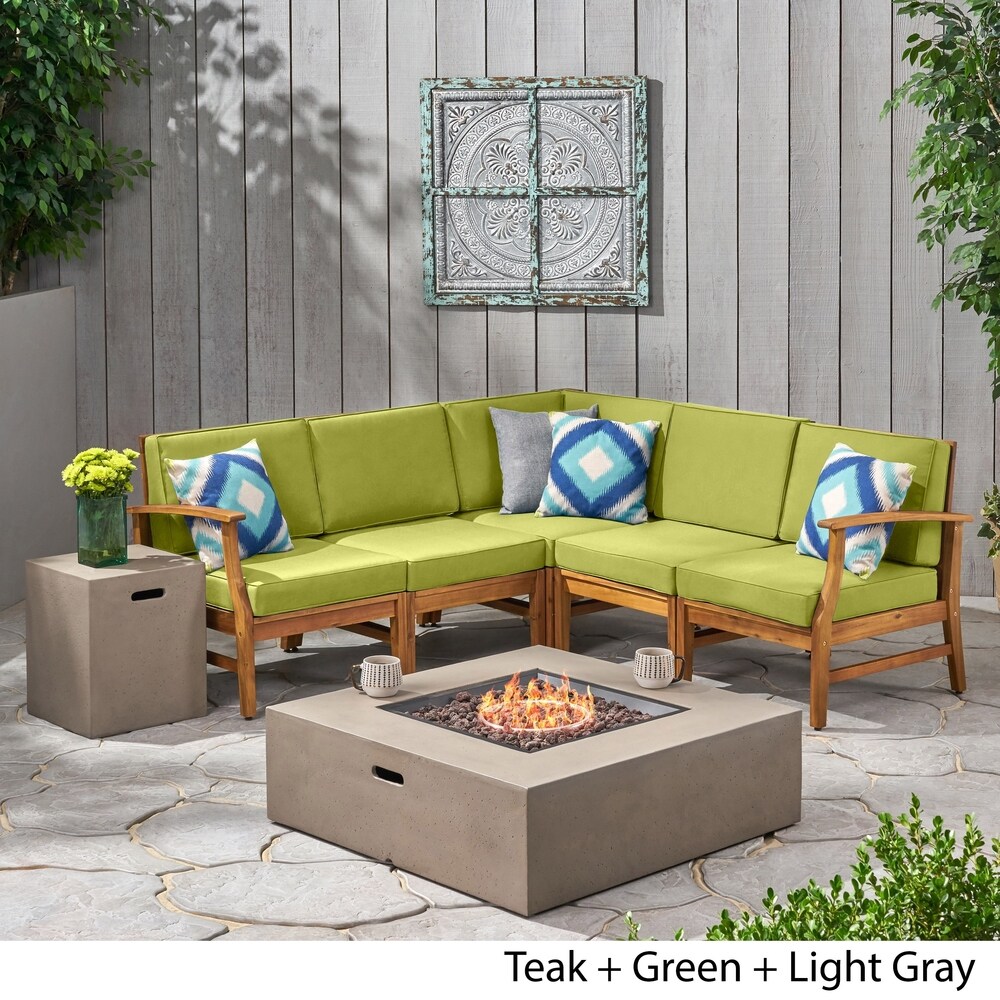 Illona Outdoor 5 Seater V Shaped Acacia Wood Sofa Set with Square Fire Table and Tank by Christopher Knight Home