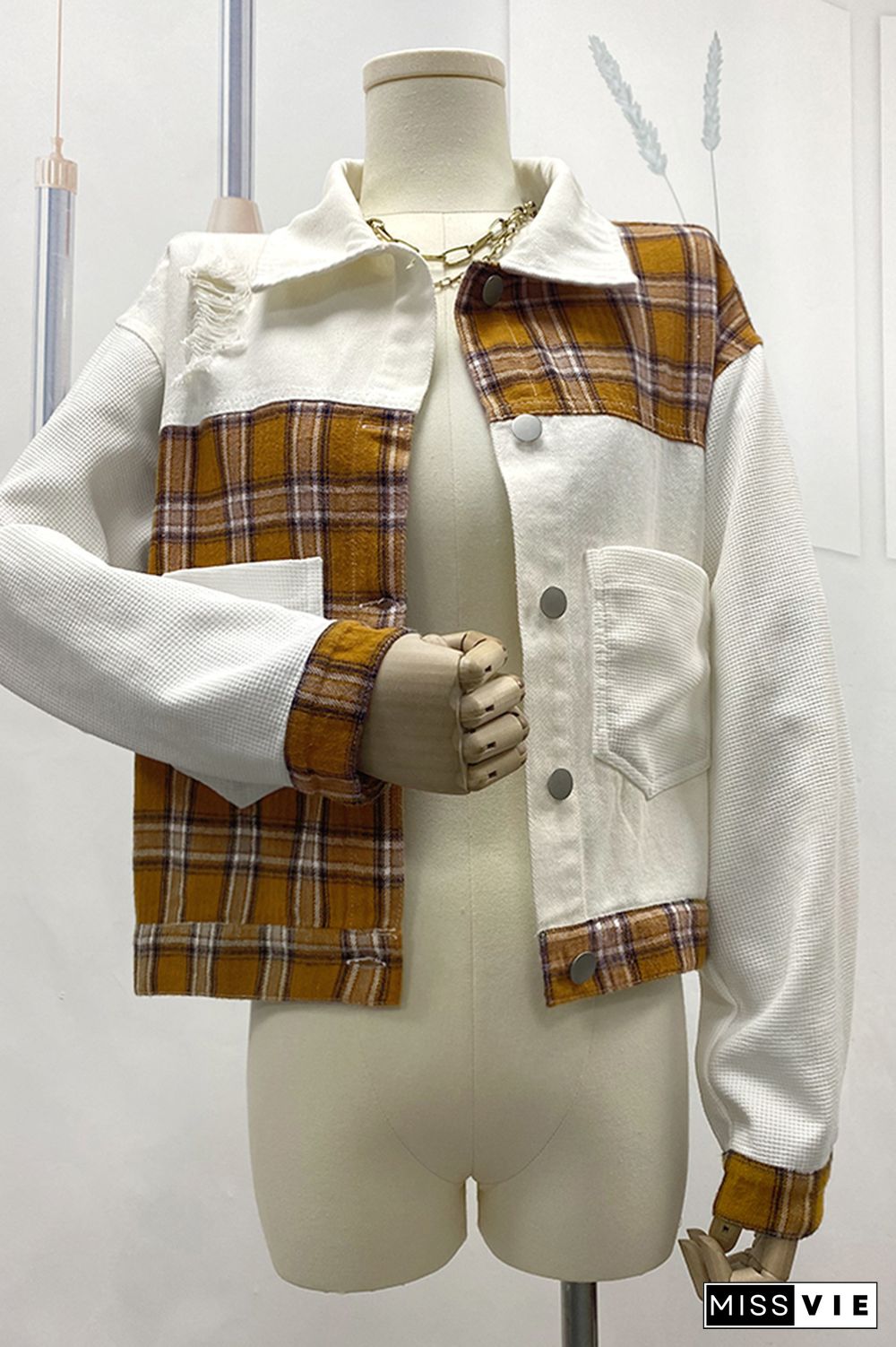 White Ripped Splicing Plaid Waffle Knit Denim Short Length Jackets