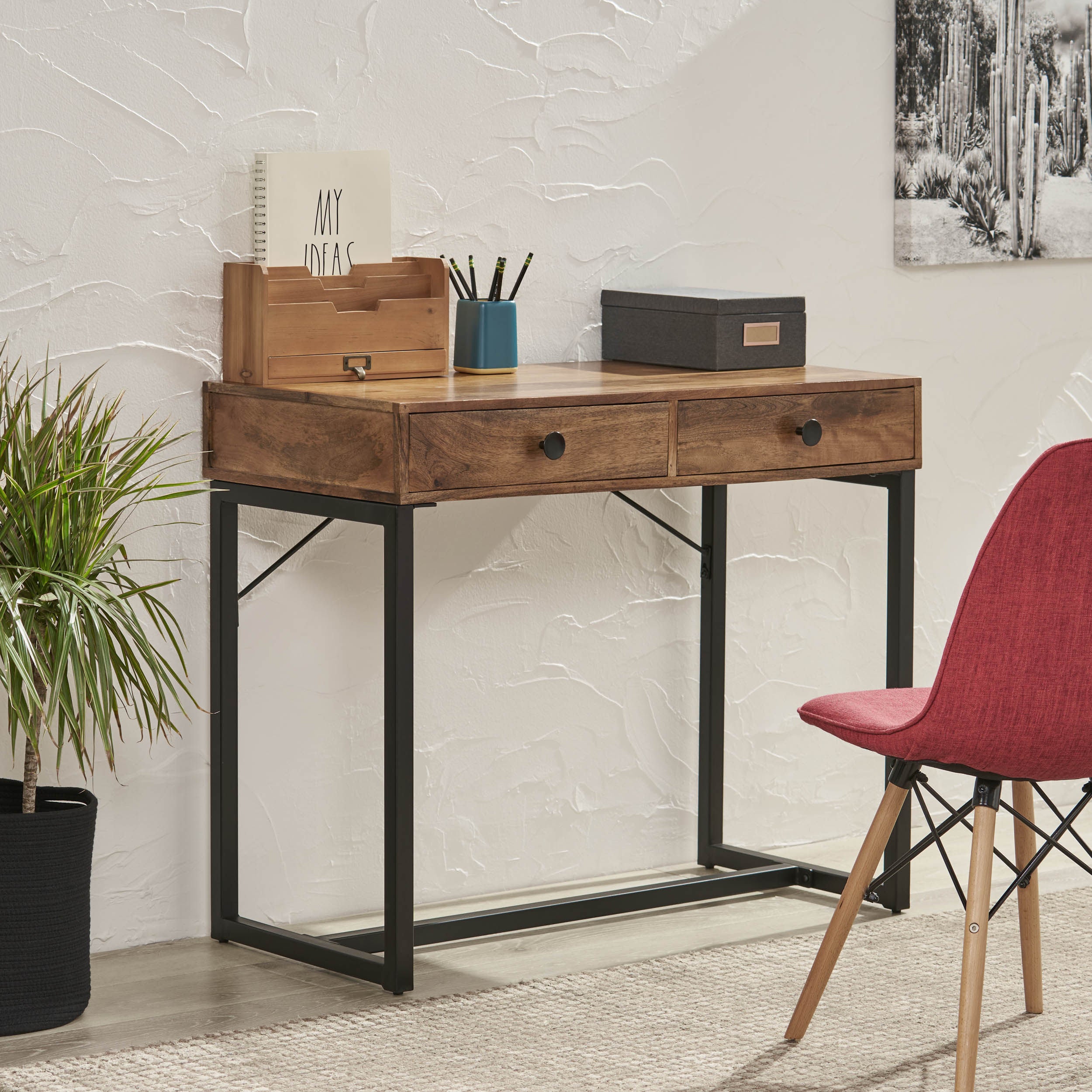 Wibaux Modern Industrial Handcrafted Mango Wood Desk with Drawers, Natural Honey and Black